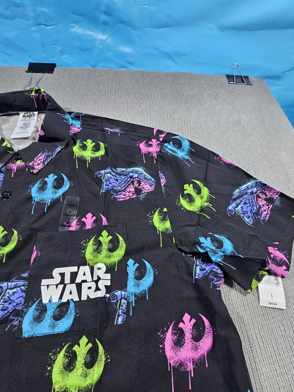 Star Wars Men's Black Short-Sleeve Button-Up Shirt with Neon Rebel Logos - Picture 5 of 9